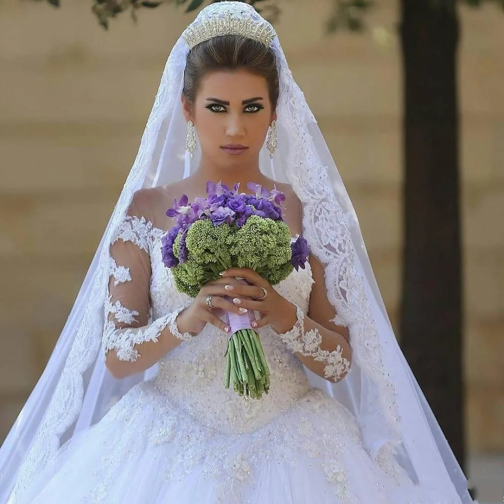 Vestidos De novia De manga larga De encaje clásico, ropa De novia con escote De ilusión blanca, traje De boda De princesa hecho a medida, 2023