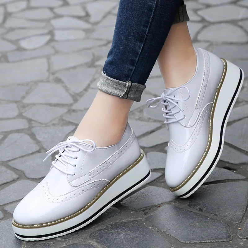 Autumn Women Platform Shoes Woman Brogue Derby Patent Leather Flats Lace Up Footwear Female Flat Oxford Shoes For Women 236