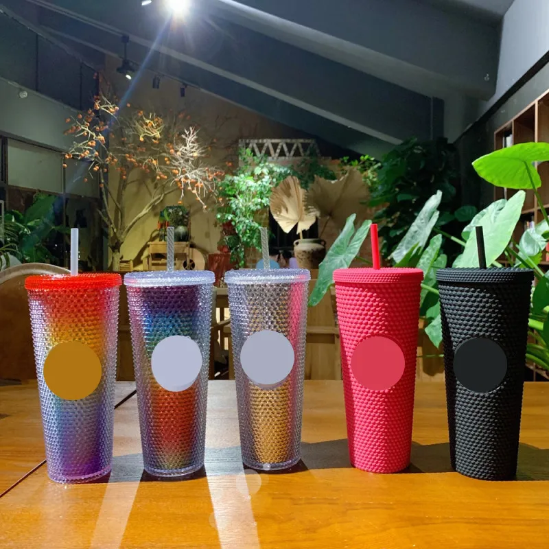 710ml Coffee Cup Cold Water Mug Tumbler Cup with Logo Double Layer Transparent Plastic Cup Creative Water Cup Plastic Straw Cup