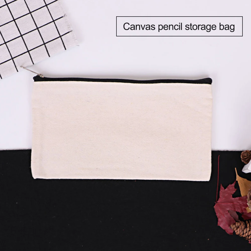 Student Pencil Case Canvas Zipper Cute Sleek Creative Blank Storage Bag Stationery Case Pencil Bag Pouch School Supplies DIY New