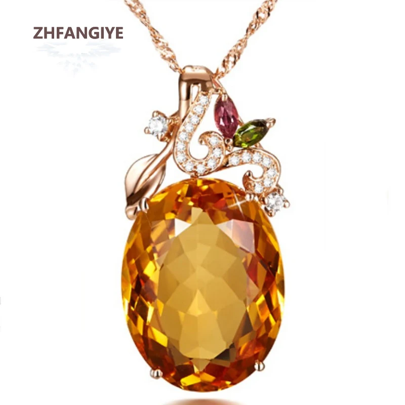 ZHFANGIYE Classic Necklace 925 Silver Jewelry with Oval Citrine Zircon Gemstone Pendant for Women Wedding Party Promise Gifts