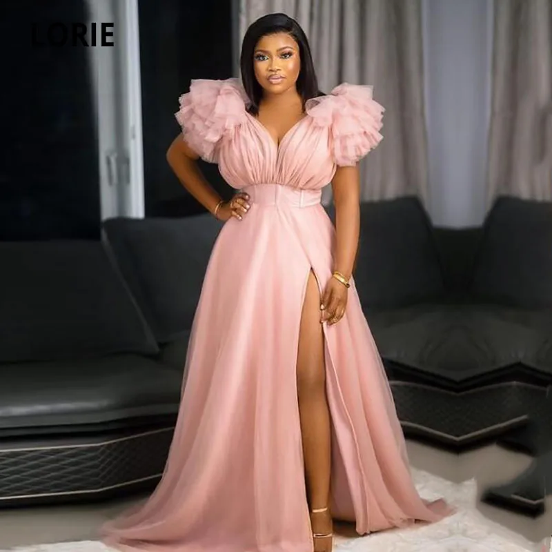 LORIE elegante abito da sera con scollo a v pieghe Nude Pink Side Split Cap maniche Plus Size Prom Party Gownvestido de fiesta largos