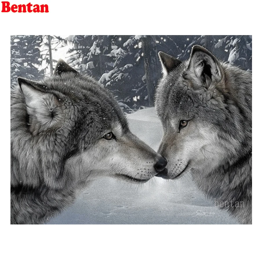 5D Diamond Painting Diamond Mosaic Wolf Couple DIY Full Drill Square Diamond Embroidery Winter Snow Scene Cross Stitch Decor