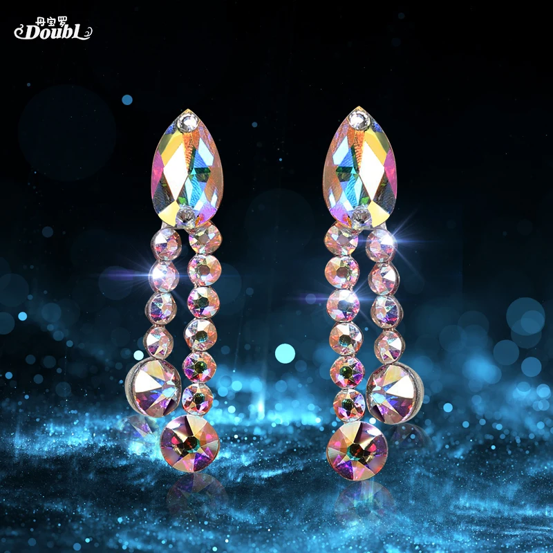 Doubl Professional Long ear stud Dance Accessories Latin Shining Competition Earrings Performance Rhinestone Glitter Crystal