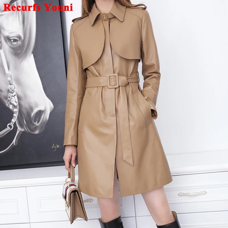 Leather Jacket Women\'s Mid-length Slim Belt Windbreaker Coat OL Ladies Sheepskin Side Pockets Khaki Ropas Mujer Steet Outwear