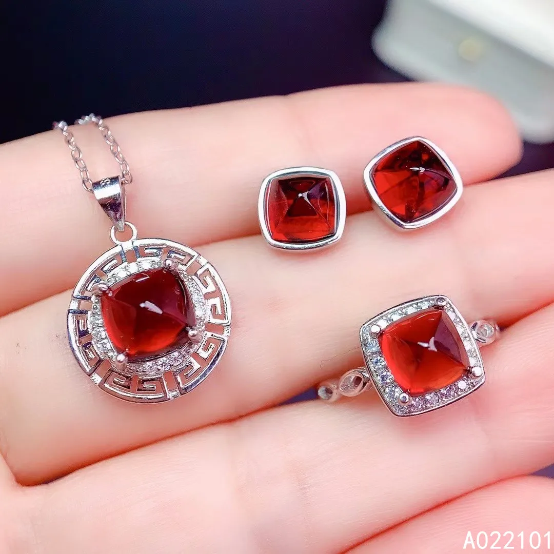 

KJJEAXCMY fine Jewelry 925 sterling silver inlaid natural Garnet girl elegant pendant ring earring set support test hot selling