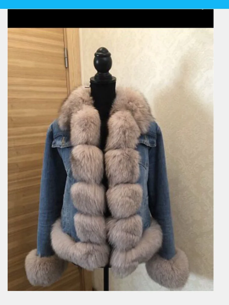 Women's Real Fox Fur Denim Jacket, Parker Clothing, Rabbit Fur Lining, Warm Winter Fashion, High Quality, New