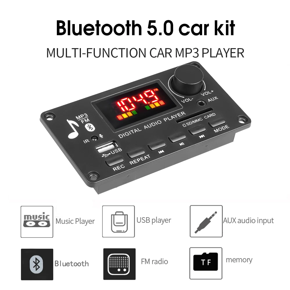 2x40W Amplifier 5V-26V MP3 Player Bluetooth 5.0 Decoder Board Car FM Radio Module Support TF USB AUX 3.5 WAV Call Recording