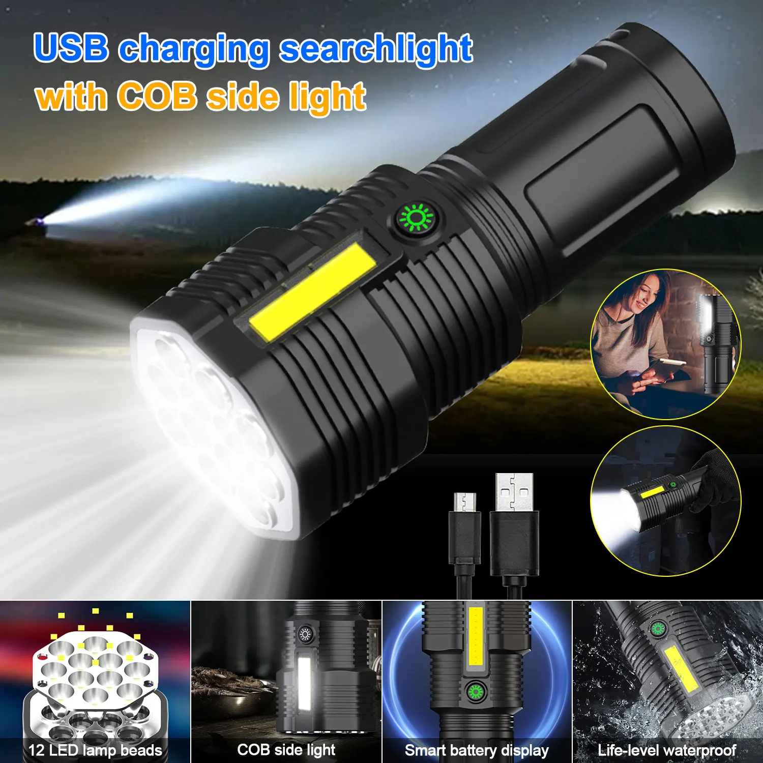 

12LED Power Display Flashlight USB Charging With COB Side Light Emergency Light Waterproof White Light Torch Night Fishing Lamp