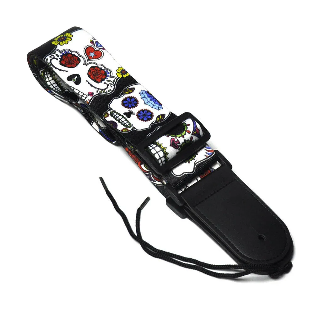 5cm / 2inch Wide Colorful Skull Printed Guitar Bass Strap Polyester w/ Leather Head