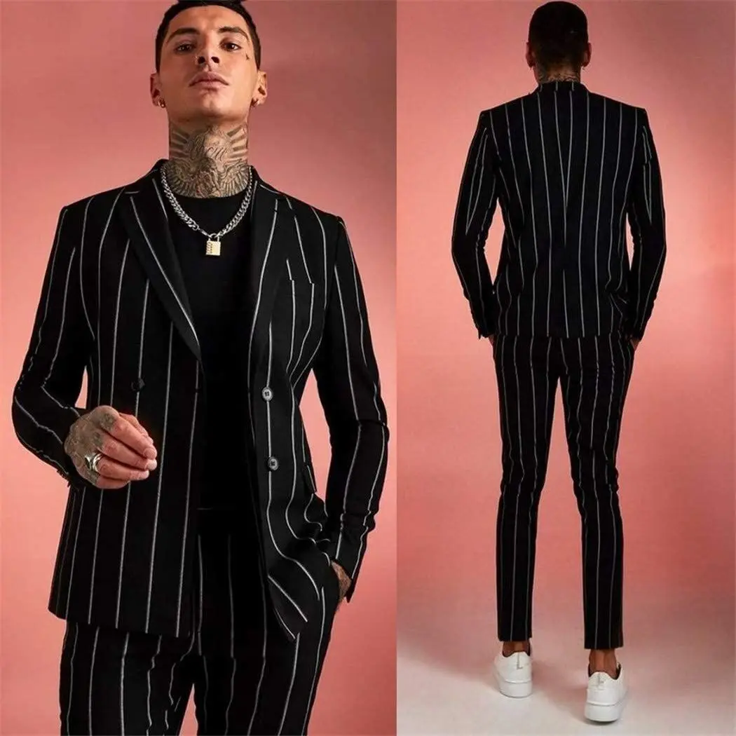 Classic Wedding Smoking Mannen Pak Slim Fit Pak Voor Mannen Zwarte Streep Mannen Pak Slanke Pasvorm Bruidegom Tuxedos prom Tailor Notch