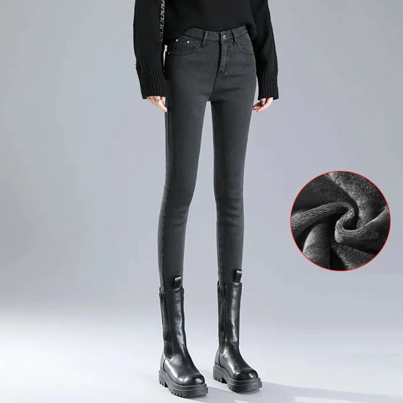 Fleece Winter Jeans For Slim Women Warm Retro High Waist Stretch Pencil Pants Streetwear Casual Velvet Skinny Denim Trousers