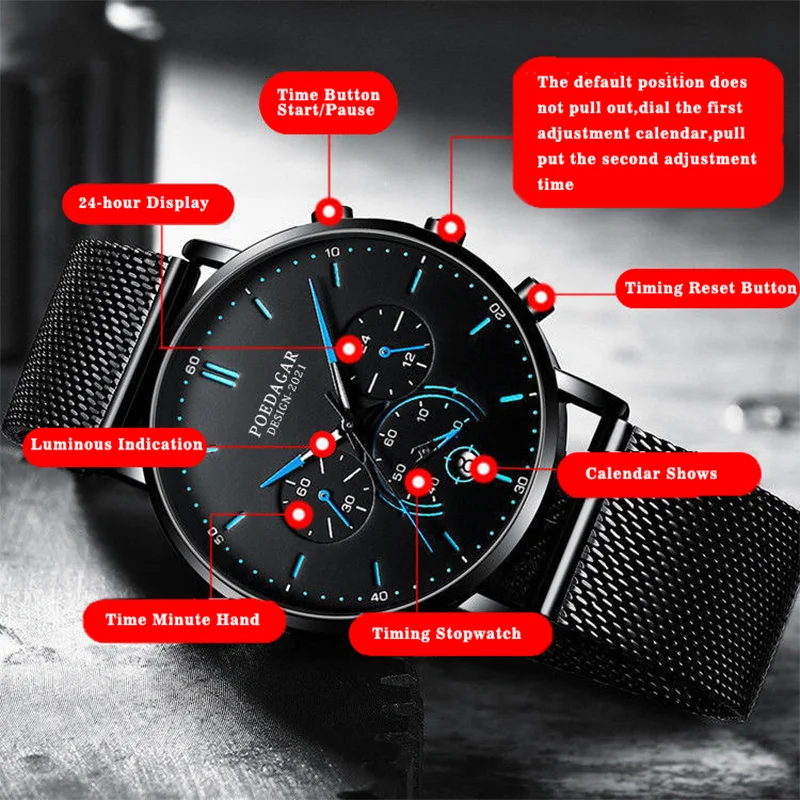 POEDAGAR Men Watch Fashion Chronograph Slim Stainless Steel Mesh Quartz Men's Wristwatch Waterproof Luminous Date Sport Watch