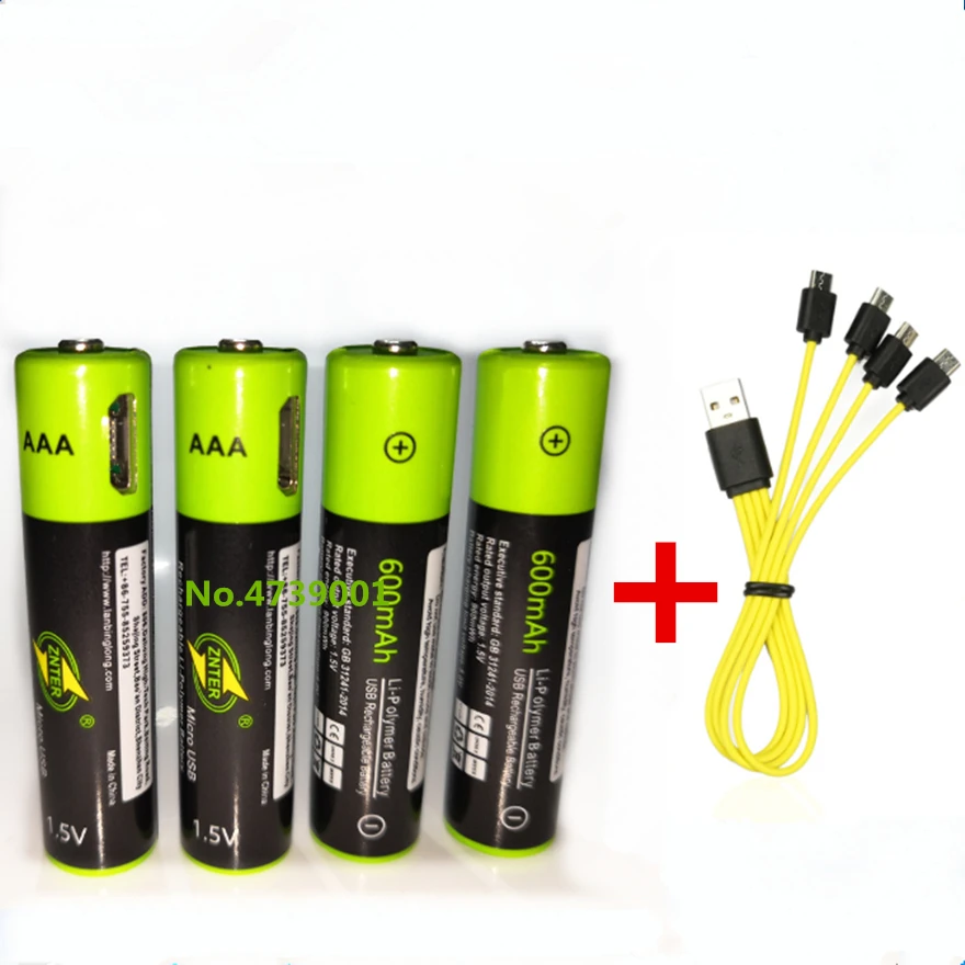 

4PCS ZNTER 1.5V AAA rechargeable battery 600mAh USB rechargeable lithium polymer battery + Micro USB cable fast charging