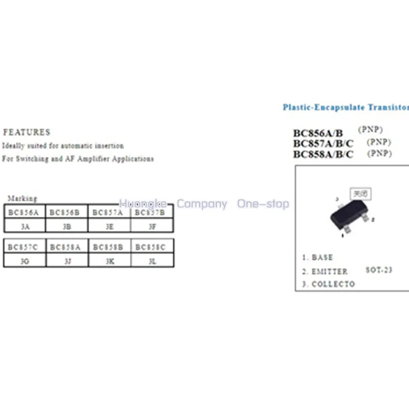 100PCS/LOT BC858B Mark 3K  BC858C 3L BC858A 3J BC857A 3E BC857B 3F BC857C 3G BC856A 3A BC856B 3B Trans GP BJT PNP 30V 0.1A SOT23