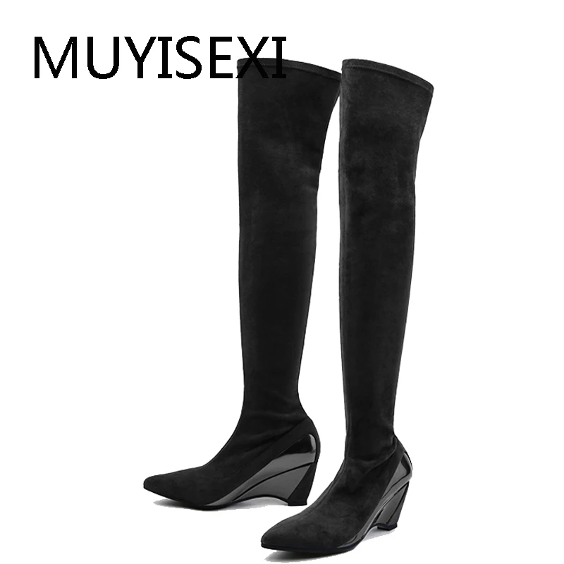 

Over the Knee Boots Tight Fitting Women Elastic Sock Boot Slim Thigh High Boots 6cm Wedges Heels Botas Mujer HL203 MUYISEXI