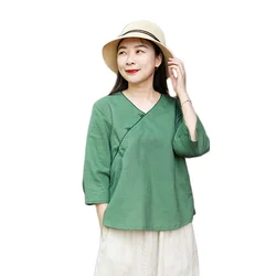 LZJN frauen Baumwolle Leinen Bluse V-ausschnitt Beiläufige Lose Pullover Hemd 4/3 Hülse Frühling Sommer Chinesischen Knoten Taste Qipao Tops