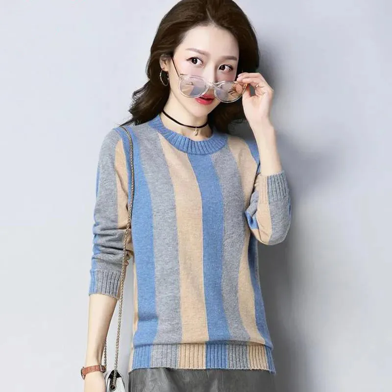 

Women Sweaters 2022 New Spring Autumn O-Neck Long Sleeve Stripe Pullover Loose Tops Female Casual Knitted Jumper Femme Full Q31