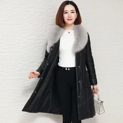 Genuine Elegant Leather Down Jacket Women Winter Thick 100% Sheepskin Fox Fur Collar Overcoat Streetwear Runway Sashes Long Coat