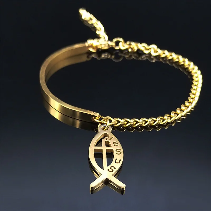 Stainless Steel Christian Fish Cross Jesus Bracelets for Women Gold Color Bangle Bracelets Jewelry braccialetti donna B1711S05