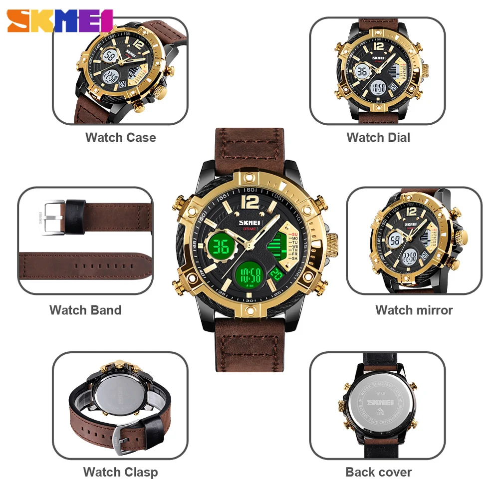 SKMEI Fashion Sport Mens Watches Luxury Chrono Male Quartz Clock Military Leather Strap Waterproof Wristwatch Relogio Masculino