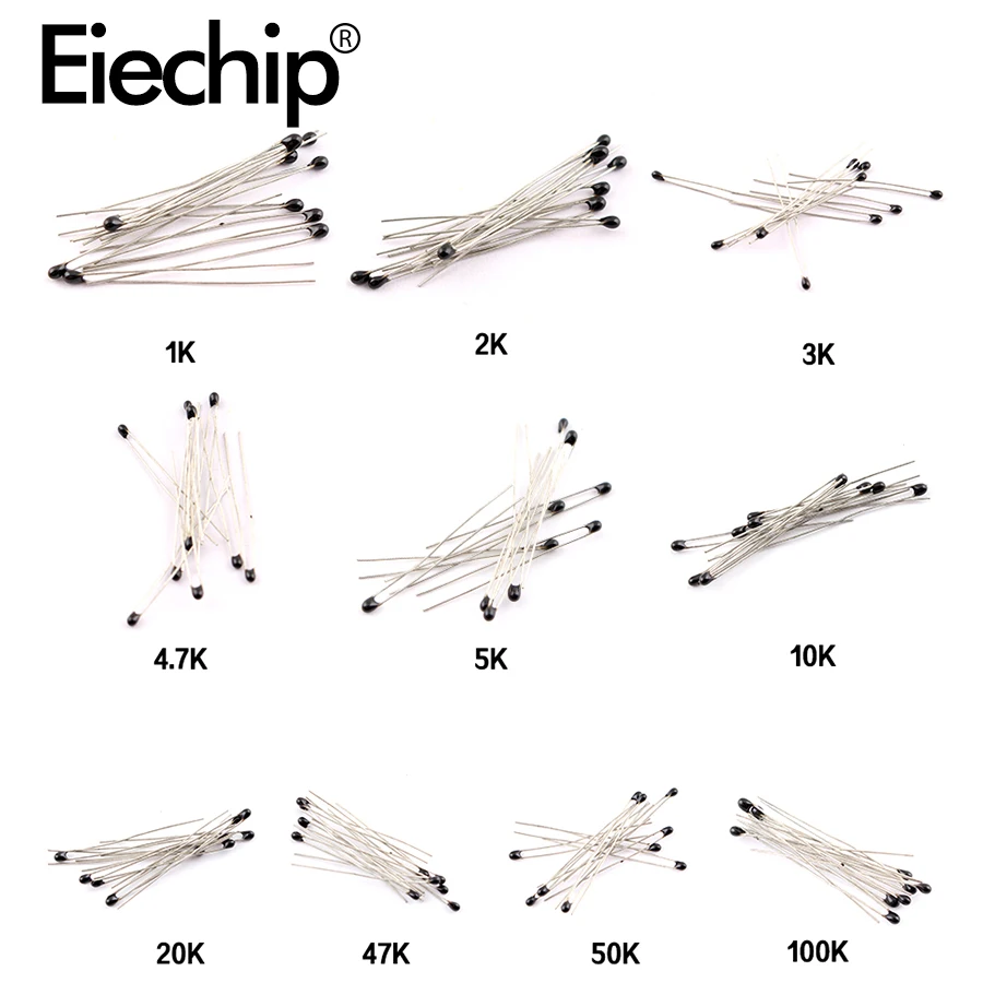 Kit de resistor térmico de 10 valores, termístor ntc, conjunto de resistores de 1k, 2k, 3k, 100k, 5k, 10k, 20k, 47k, 50k, 4.7k, 100, 3950b