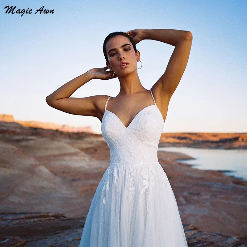 Magic Awn-Vestidos de encaje de tul para Boda, ropa Bohemia con tirantes finos, apliques con espalda descubierta, línea A, para fiesta de Boda