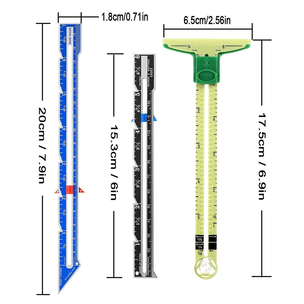 3Pcs Sewing Gauge Set with Sliding Marker Fabric Quilting Ruler 5 in 1 T-Shaped Sliding Gauge Ruler for Knitting Sewing Supplies