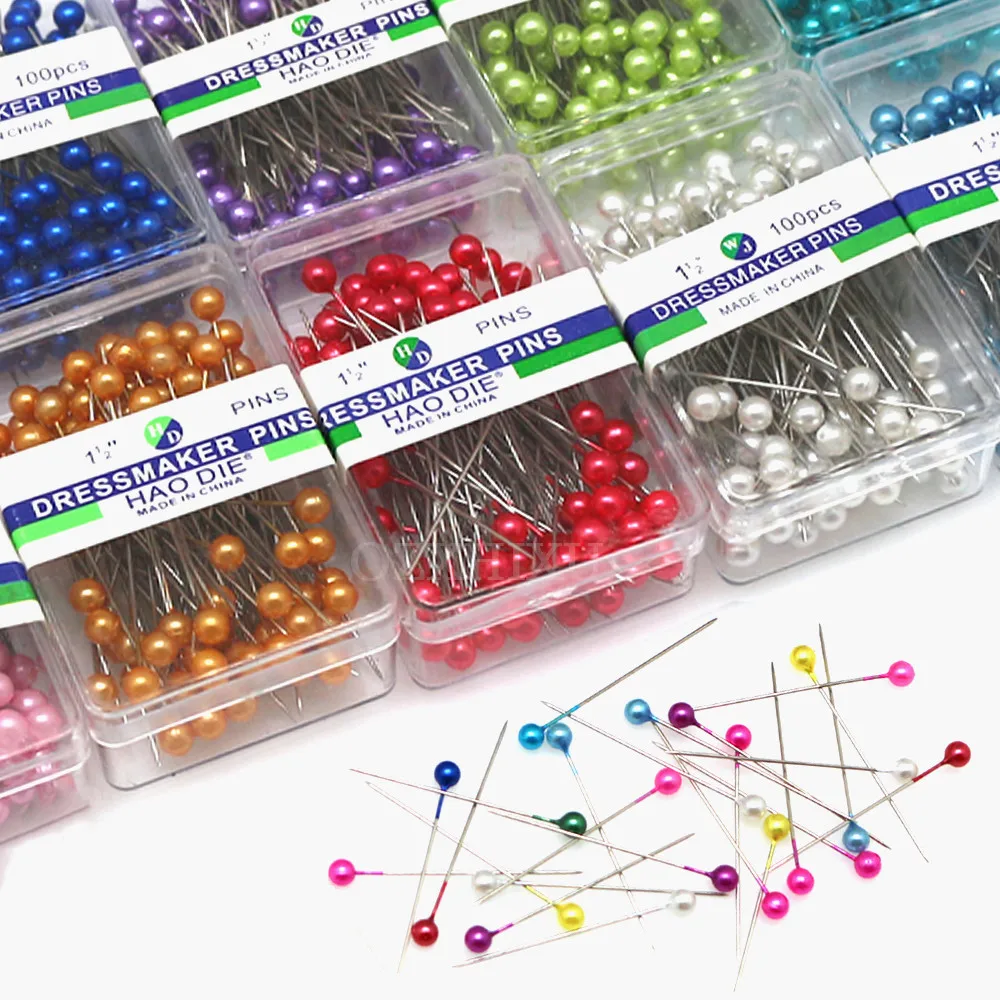 100Pcs/Box 38cm Colorful Round Pearl Head Needles Stitch Straight Push Positioning Sewing Pins For Dress Making DIY Sewing Tools