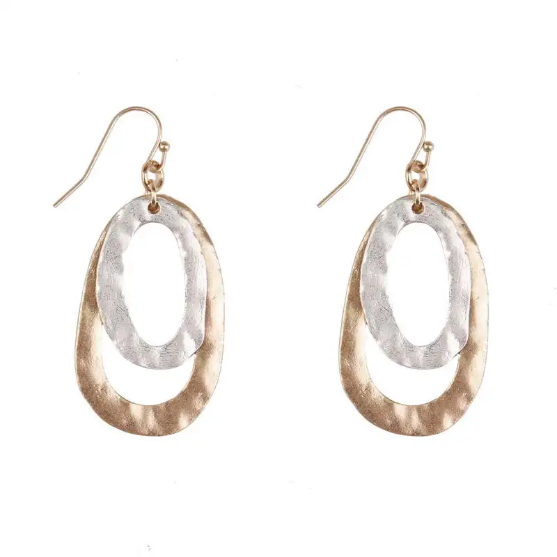 ZWPON Morocco Design Two-Tone Antique Alloy Oval Hollow Drop Earrings Zinc Alloy Dangle Drop Earrings for Woman