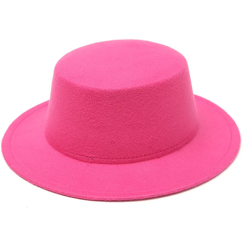 Flat Top Fedora Hats for Women Solid Color Imitation Wool Jazz Cap Wide Brim Ladies Elegant Round Caps Bowler Hats