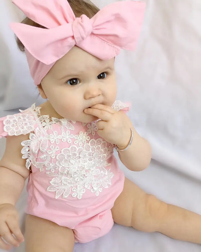 2 PCS Newborn Infant Baby Girls sleeveless Rompers Lace Floral Jumpsuit Playsuit Outfits Sunsuit