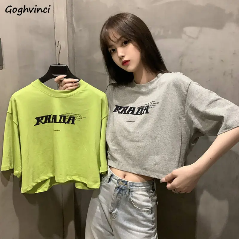 Short Sleeve T-shirts Women Letter Printed Crop Top Soft All-match Korean Style Womens Tees Students Chic Loose Retro Ulzzang