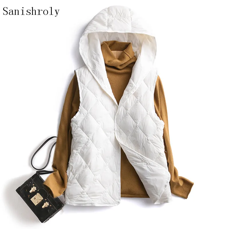 

2021 Autumn Winter Women Ultra Light 90% White Duck Down Lingge Single-breasted Hooded Waistcoat Lady Sleeveless Vest Coat Parka