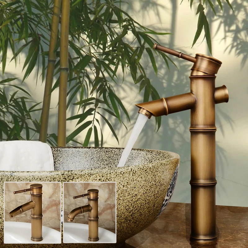 Bathroom Basin Faucet Antique Brass Bamboo Shape Faucet Bronze Finish Sink Faucet Single Handle Hot and Cold Water Mixer Tap