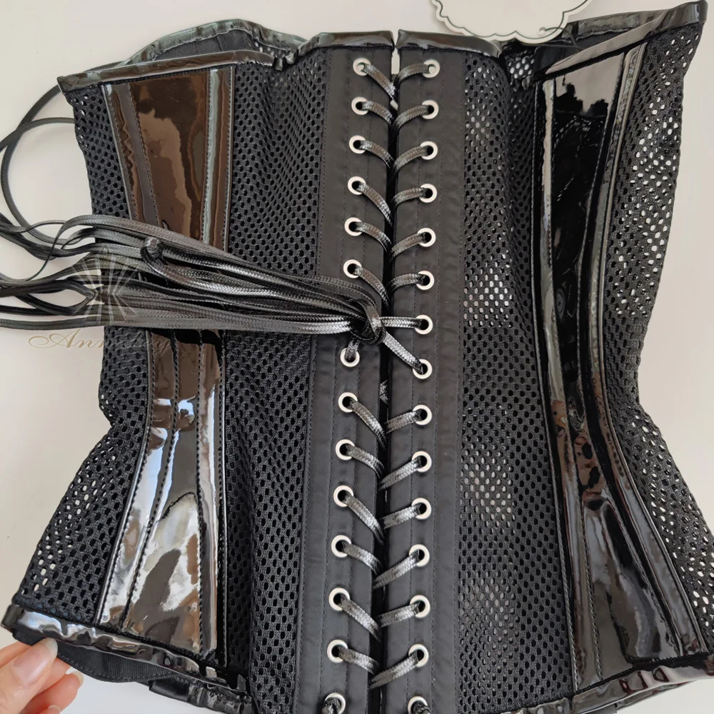 Annzley Mesh And Leather Overbust Corset Top Victorian Corselet Tight Lacing Waist Trainer Gothic Style