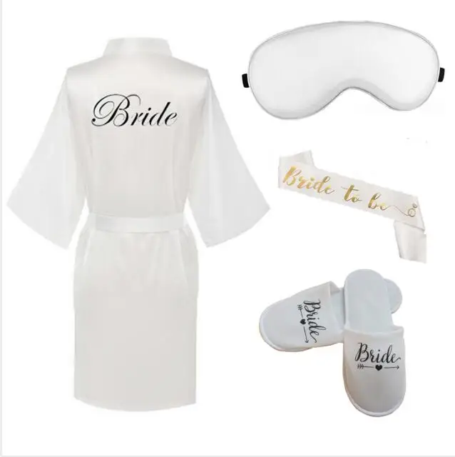 4pc set of bride robe eyemask slippers sash bridesmaid kimono wedding bridal party Bachelorette bathrobe getting ready robes