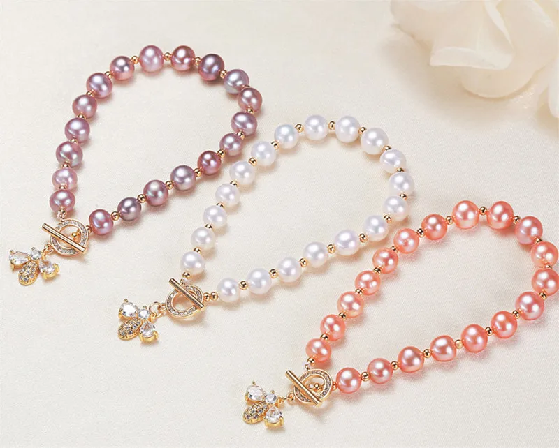 HABITOO Luxury Natural White Pink Purple Freshwater Pearl Gold Bead Bracelet Bee Pendant Cubic Zircon 'OT' Clasp Bangle Jewelry