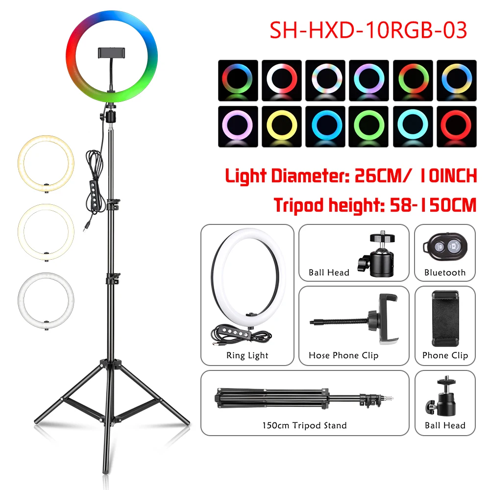 SH LED RGB Ring Light 15 Color Dimmable Ring Selfie Lamp With Tripod Stand Photo Studio For Phone Makeup Live Youtuber