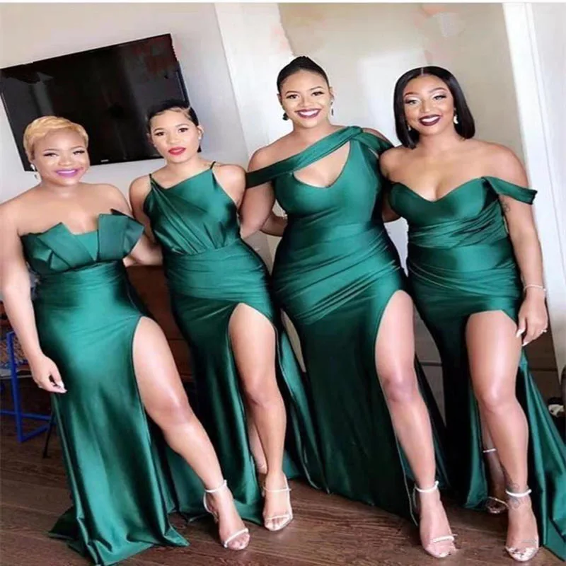 2023 African Bridesmaid Dresses Sleeveless Floor Length Sweep Train Side Slit Silk Satin Pleated Wedding Party Bridemaid Gown