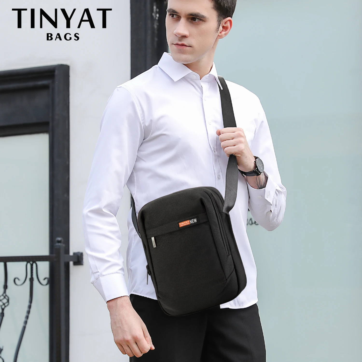 TINYTA Men's bags Men Shoulder Bags for 9.7'pad 8 pockets Waterproof Casual crossbody bag Black Canvas Messenger bag shoulder