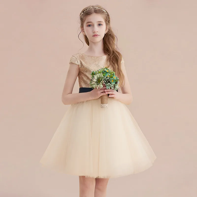 Dideyttawl Champagne Short Tulle Flower Girl Dress Kids Formal Party Gowns Sequins Cap Sleeves Girls Show Performance Costume