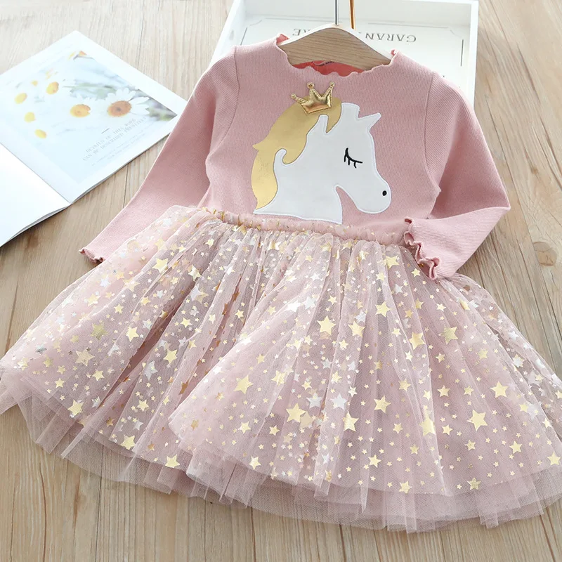 Baby Girl Cute Unicorn Dresses Summer Knitted Girls Dress Christmas Party Star Mesh Princess Dress Children Clothing