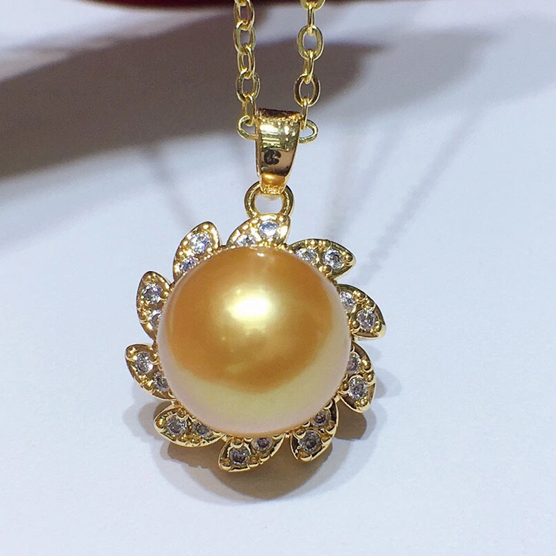 HABITOO Stunning Natural 11-12mm Gold Round Pearl Pendant 18k Filled Gold Chain Cubic Zircon SunFlower Pendant Necklace Jewelry