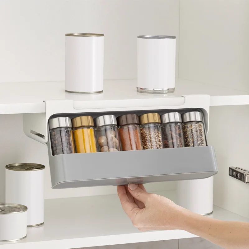 

Under-Shelf Spice Organizer Seasoning Bottle Storage Rack Cabinet Kitchen Jars Spice Organizers Punch-free Bottle Storage Holder