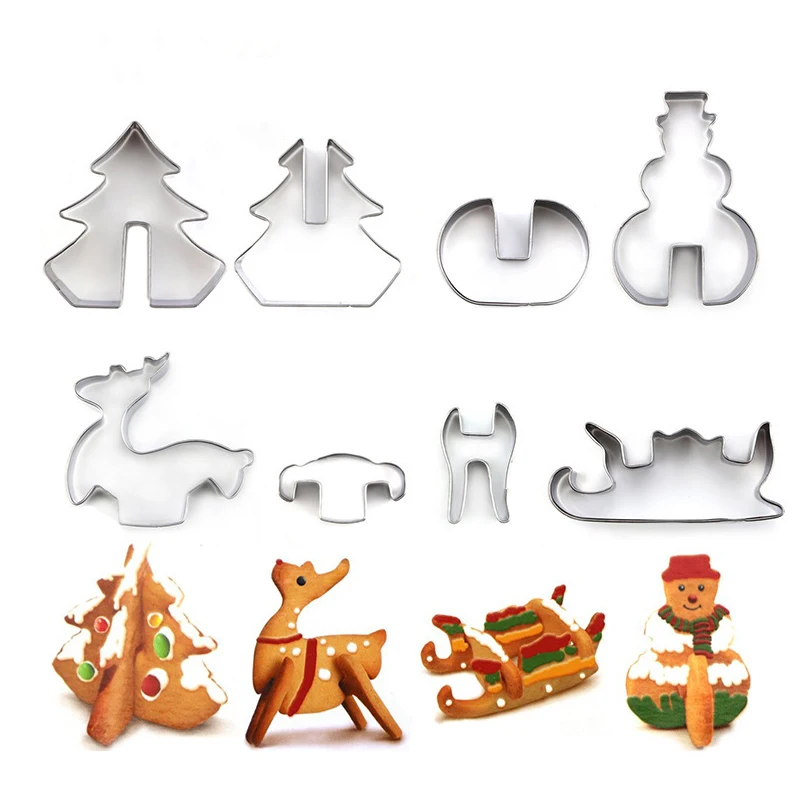 

8pcs 3D Christams Cookie Cutter Set Stainless Steel DIY Christmas Tree Snowman Reindeer Sledge Biuscuit Baking Mold Cutter Tools