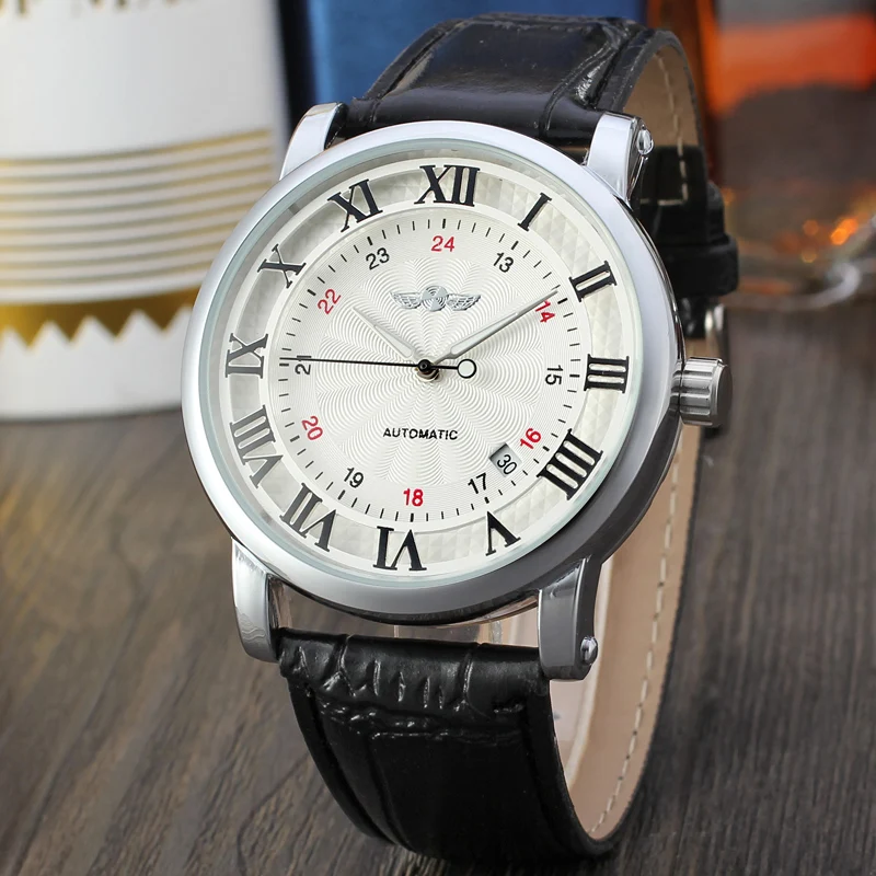 T-winner Men's Mechanical Watch Calendar Circular Roman Digital Watch Silver Strap Wrist Watch