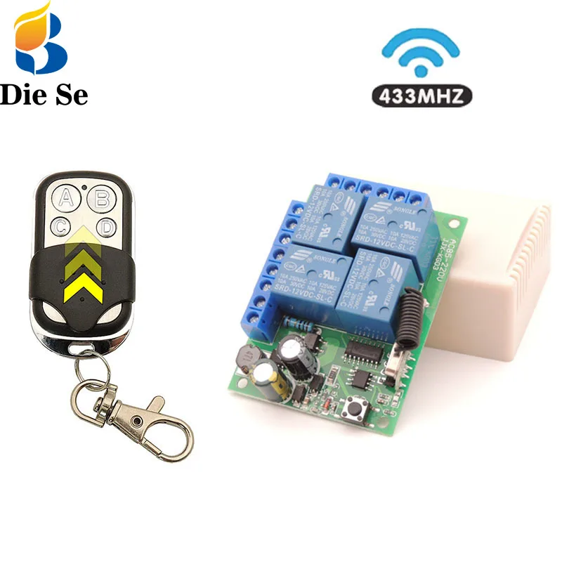 

433Mhz AC 220V 110V 4CH Remote Control Switch, AC 85V~220V 4 Channels Relay Receiver Module for Garage Door/ Light/ Motor /Gate