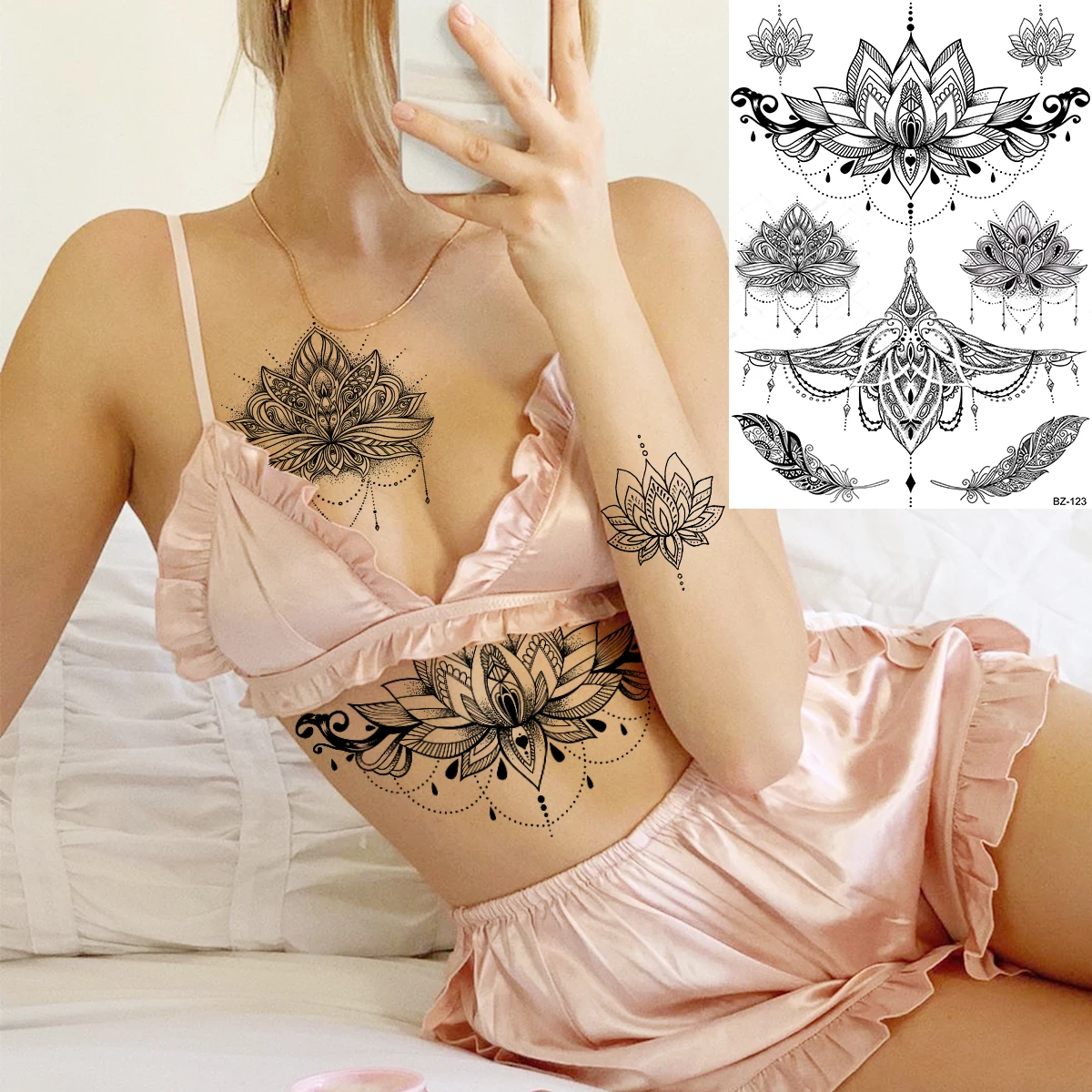 Black Mandala Lotus Pendant Sexy Henna Temporary Tattoos For Women Underboob Adult Butterfly Feather Fake Tattoo Arm Tatoos