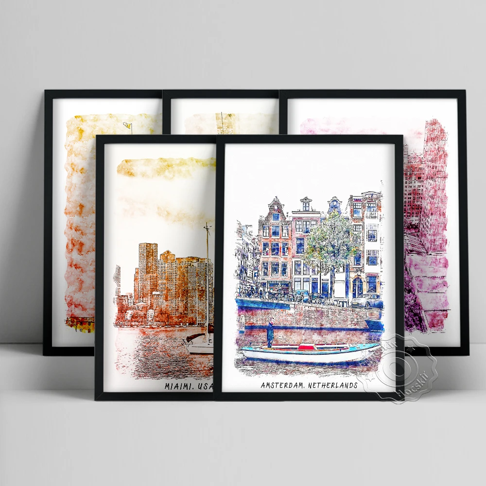 World Travel Poster, Pisa Usa Netherlands Watercolour Prints, Leaning Tower Chicago Austin Miaimi Amsterdam City Wall Painting